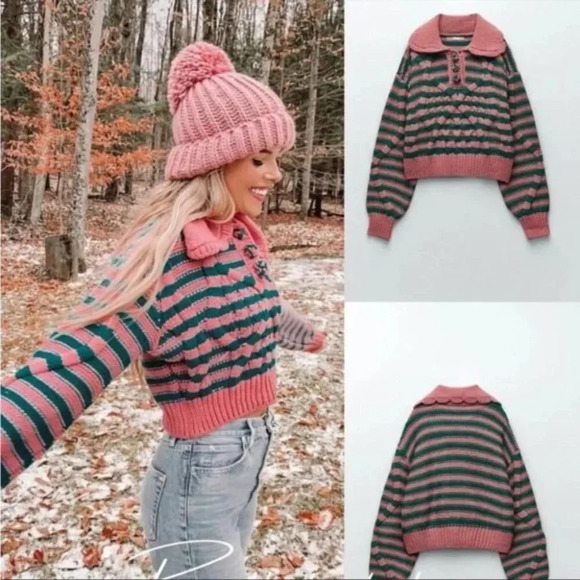 Zara Blogger Fave Striped Textured Knit Peter Pan Collared Sweater Pink & Teal M - Picture 2 of 10